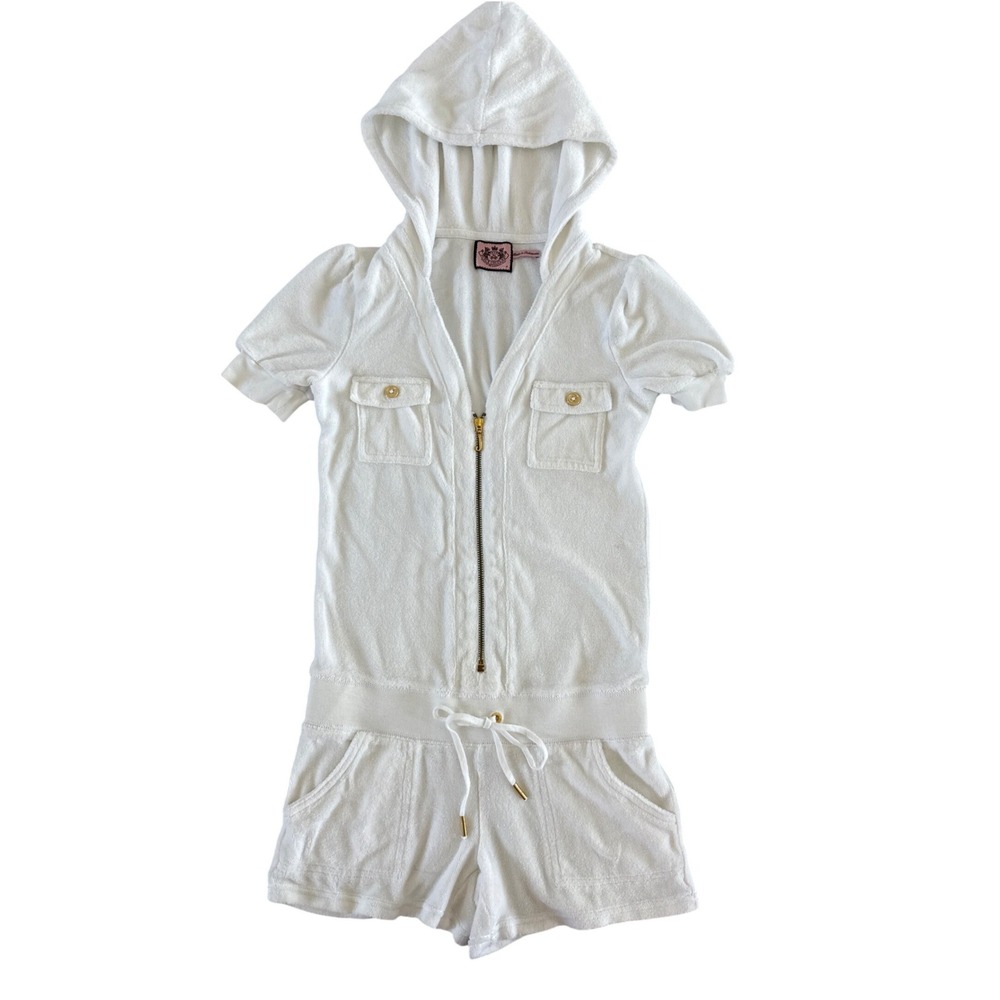 Juicy Couture White Short Sleeve Hooded Terry Romper